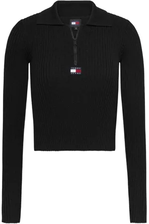 Tommy Hilfiger Strik, Dame, Sort, L, Sort Pullover med Halv Lynlås