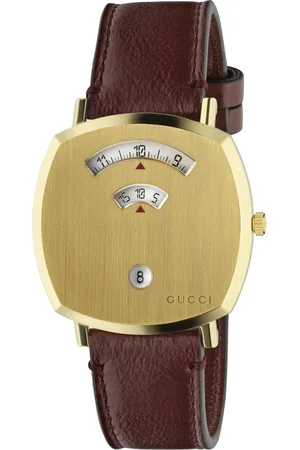 Gucci Tilbehør, Dame, Gul, ONE SIZE, Uld, Ya157411 - Grip Gult guld Pvd, 3 vinduer der angiver time, minut & dato, bordeaux læderrem
