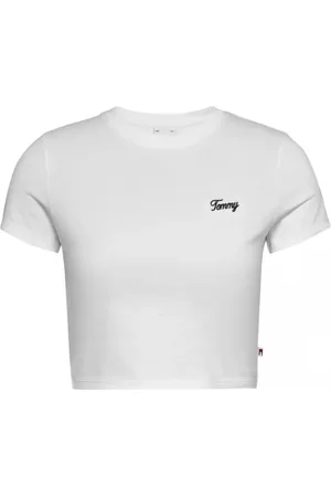 Tommy Hilfiger Top, Dame, Hvid, XS, Bomuld, Hvid Crop T-shirt med Logo Broderi