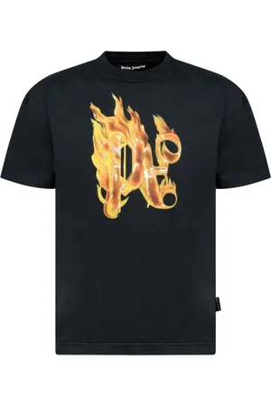 Palm Angels Top, Herre, Sort, M, Bomuld, Sort Bomulds T-shirt med Guldflammer