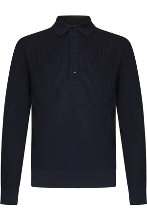 BRIONI Strik, Herre, Blå, M, Uld, Blå uld langærmet poloshirt