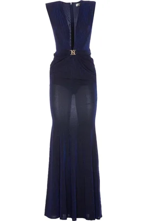 Elisabetta Franchi Kjole, Dame, Blå, XS, Uld, Blå Glitter V-Hals Maxi Kjole