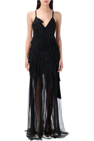 Alberta Ferretti Kjole, Dame, Sort, S, Satin, Sort Bladtryk Satin Chiffon Kjole