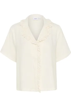 Saint Tropez Bluser & Skjorter, Dame, Hvid, S, Bomuld, Flæsedetalje V-hals Skjortebluse