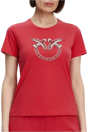 Pinko Top, Dame, Rød, XS, Bomuld, Love Birds Broderet T-shirt