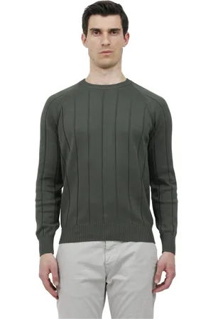 Gran Sasso Strik, Herre, Grøn, M, Flad Ribbet Crew Neck Sweater