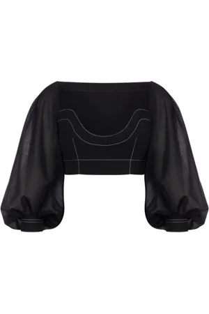 Serafini Bluser & Skjorter, Dame, Sort, XS, Uld, Sort Crop Voile Skjorte med Syning