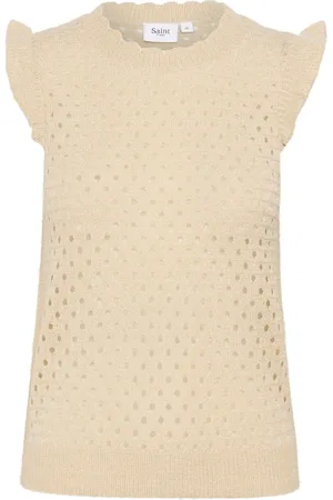 Saint Tropez Strik, Dame, , L, Uld, Strikket Vest med Rund Hals Creme