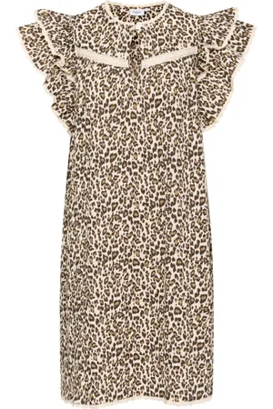 Saint Tropez Kjole, Dame, Brun, L, Bomuld, Leopard Print Kjole med Ruffle Ærmer