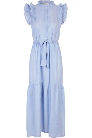 Lollys Laundry Kjole, Dame, Blå, XL, Bomuld, Stribet Maxi Kjole med Rynke Detaljer