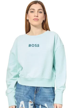 HUGO BOSS Sweathshirts & Hoodies, Dame, Blå, M, Bomuld, Turkis Bomuldssweater med Pailletlogo