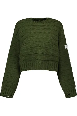 Maison Margiela Strik, Dame, Grøn, M, Uld, Ribbet uldtrøje Grøn Rund hals