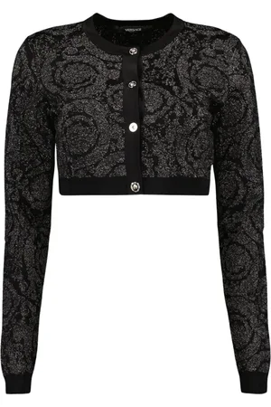 VERSACE Strik, Dame, Sort, XS, Barocco lurex cardigan med kontrastkant