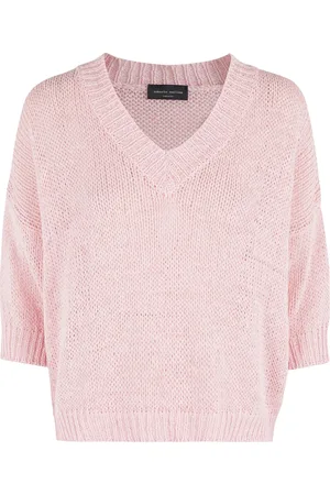 Roberto Collina Strik, Dame, Lyserød, S, V-hals Sweater i Fin Strik