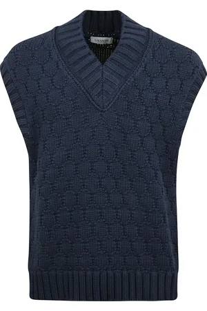 Lanvin Strik, Herre, Blå, L, Uld, V-hals strikvest med intrikat design