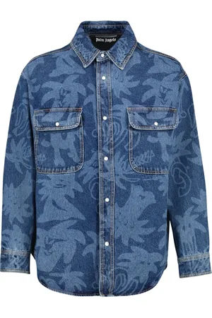 Palm Angels Skjorte, Herre, Blå, M, Denim, Denim Oversized Skjorte med Laser Print