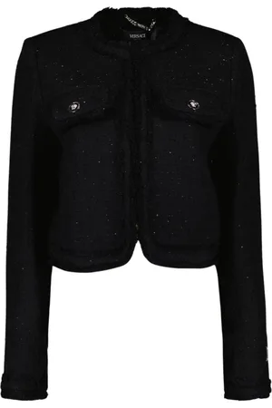VERSACE Jakke, Dame, Sort, XS, Tweed, Kort Tweed Cardigan med Rund Hals