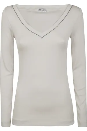 Brunello Cucinelli Top, Dame, Hvid, L, V-Neck Langærmet T-Shirt
