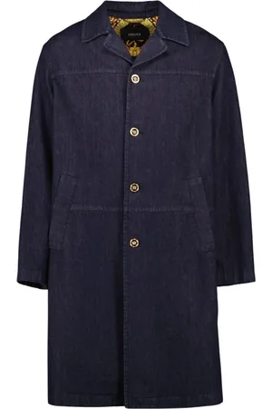VERSACE Frakke, Herre, Blå, M, Uld, Stilfuld Rå Denim Lang Frakke
