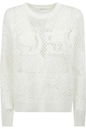 Max Mara Strik, Dame, Hvid, S, Bomuld, Bomuld Strik Crewneck Sweater med Cornely Foliage Broderi
