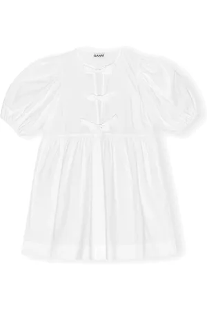 Ganni Bluser & Skjorter, Dame, Hvid, M, Bomuld, Cotton Poplin Mini Kjole med Bindebånd