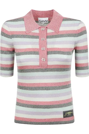Ganni Strik, Dame, Flerfarvet, S, Stribet Pink Polo med Glitrende Ribkanter