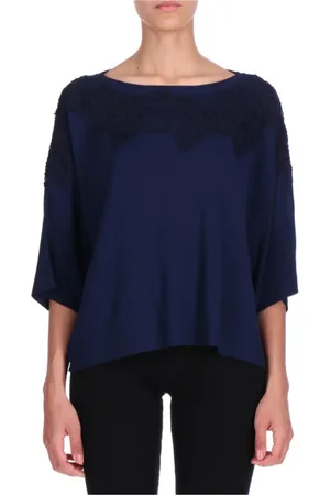 ERMANNO SCERVINO Strik, Dame, Blå, L, Bomuld, Blå Bomuld Blonder Box Top