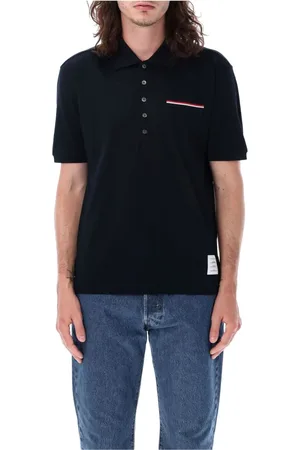 Thom Browne Top, Herre, Blå, XL, Bomuld, Navy Polo Shirt med Stribede Detaljer