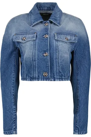 VERSACE Jakke, Dame, Blå, 2XS, Denim, Kort Denim Jakke med Klassisk Krave