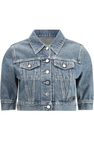 Prada Jakke, Dame, Blå, L, Denim, Denim Cropped Jakke med Klassisk Krave