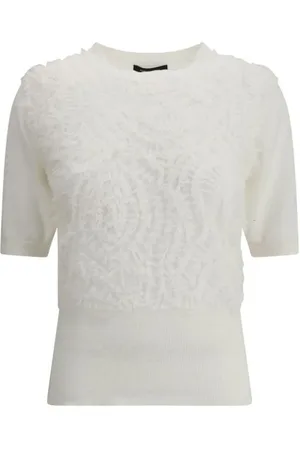 Fabiana Filippi Strik, Dame, Hvid, S, Tyl, Kortærmet sweater med rynkede detaljer