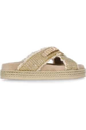 Mou Sko, Dame, Gul, 38 EU, Gyldne Raffia Sandaler med Lurex Detaljer