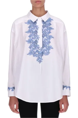 ERMANNO SCERVINO Bluser & Skjorter, Dame, Hvid, XS, Bomuld, Hvid Bomuldsskjorte med Lyseblå Blonder