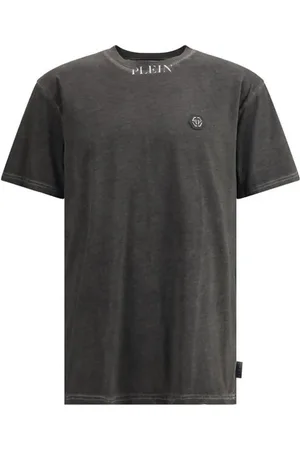 Philipp Plein Top, Herre, Grå, M, Læder, Urban Læder Patch Signatur Print T-Shirt