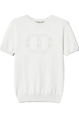 Twin-Set Strik, Dame, Hvid, L, Uld, Blomstret præget T-shirt Neve Ss25