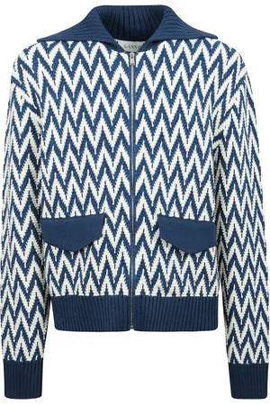 Lanvin Strik, Herre, Blå, L, Uld, Zigzag Strik Cardigan