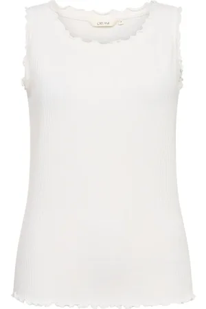 Cream Top, Dame, Hvid, XL, Hvid Bådhals Top med Krøllede Kanter