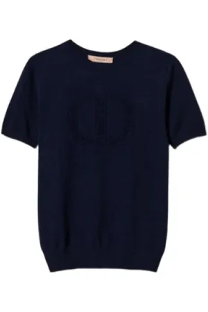 Twin-Set Top, Dame, Blå, M, Blå Nat Blomstret Logo T-shirt
