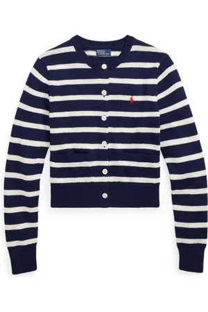 Ralph Lauren Strik, Dame, Blå, L, Bomuld, Blå Stribet Cardigan med Crewneck