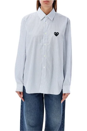 Comme des Garçons Bluser & Skjorter, Dame, Flerfarvet, M, Bomuld, Blå Striber Hjerte Patch Skjorte