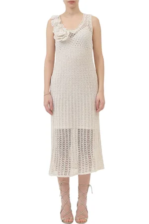 ERMANNO SCERVINO Kjole, Dame, Hvid, S, Bomuld, Strik Maxi Kjole med Blomsterapplikationer