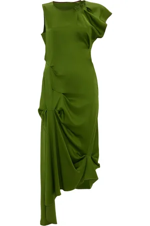 Victoria Beckham Kjole, Dame, Grøn, XS, Uld, Grøn Asymmetrisk Midi Kjole med Draperinger