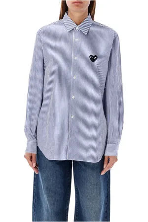Comme des Garçons Bluser & Skjorter, Dame, Blå, XS, Bomuld, Blå Stribet Hjerte Patch Skjorte