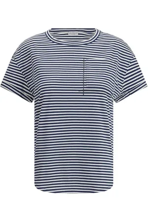 Brunello Cucinelli Top, Dame, Blå, XL, Bomuld, Stribet bomulds T-shirt med juveldetaljer