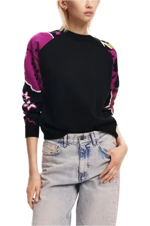 Desigual Strik, Dame, Sort, S, Bomuld, Sort Blomst Strik Trøje
