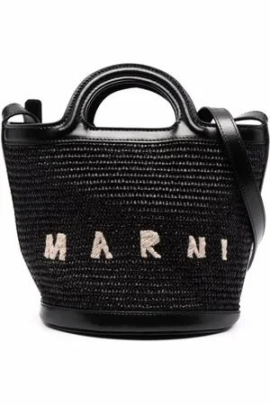 Marni Taske, Dame, Sort, ONE SIZE, Læder, Sort Straw/Læder Taske med Broderet Logo
