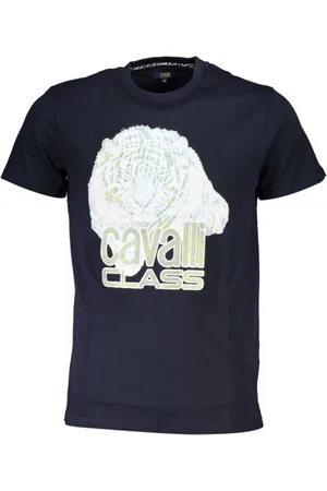 Roberto Cavalli Top, Herre, Blå, 2XL, Bomuld, Blå Bomuld Print Logo T-Shirt