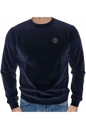 Philipp Plein Sweathshirts & Hoodies, Herre, Blå, 2XL, Bomuld, Blå Bomuld Rundhals Sweater Logo Print