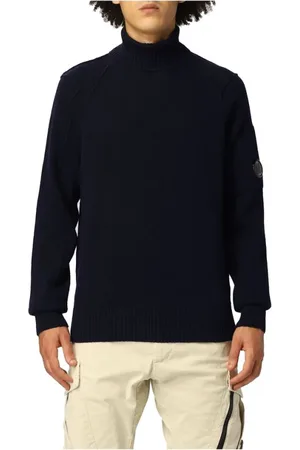 C.P. Company Strik, Herre, Blå, M, Uld, Blå Uldtrøje med Ribstrikket Turtleneck