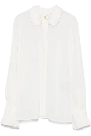 Elisabetta Franchi Bluser & Skjorter, Dame, , S, Broderet Hvid Skjorte med Rynket Kant